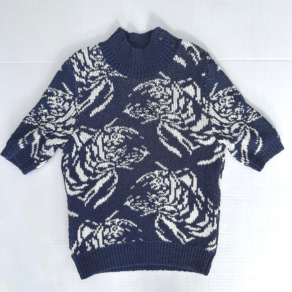 Maeve Anthropologie Sweater Short Sleeve Mock Neck Floral Intarsia Navy Blue XS
